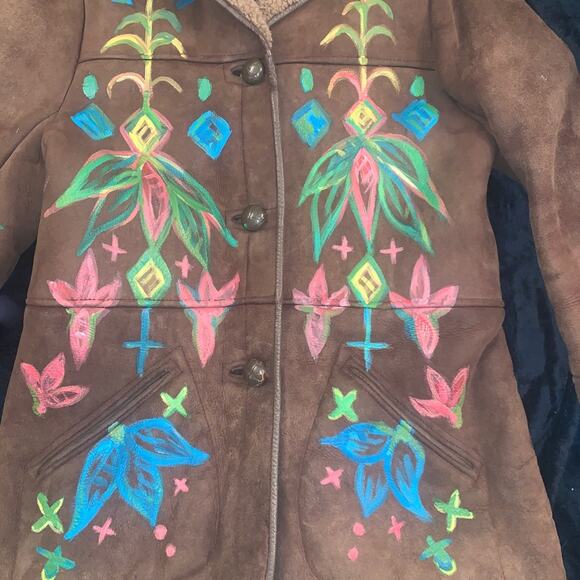 Unique VINTAGE 80's HANDPAINTED SHEEPSKIN SHEARLING Jacket from U.K. - Picture 6 of 10